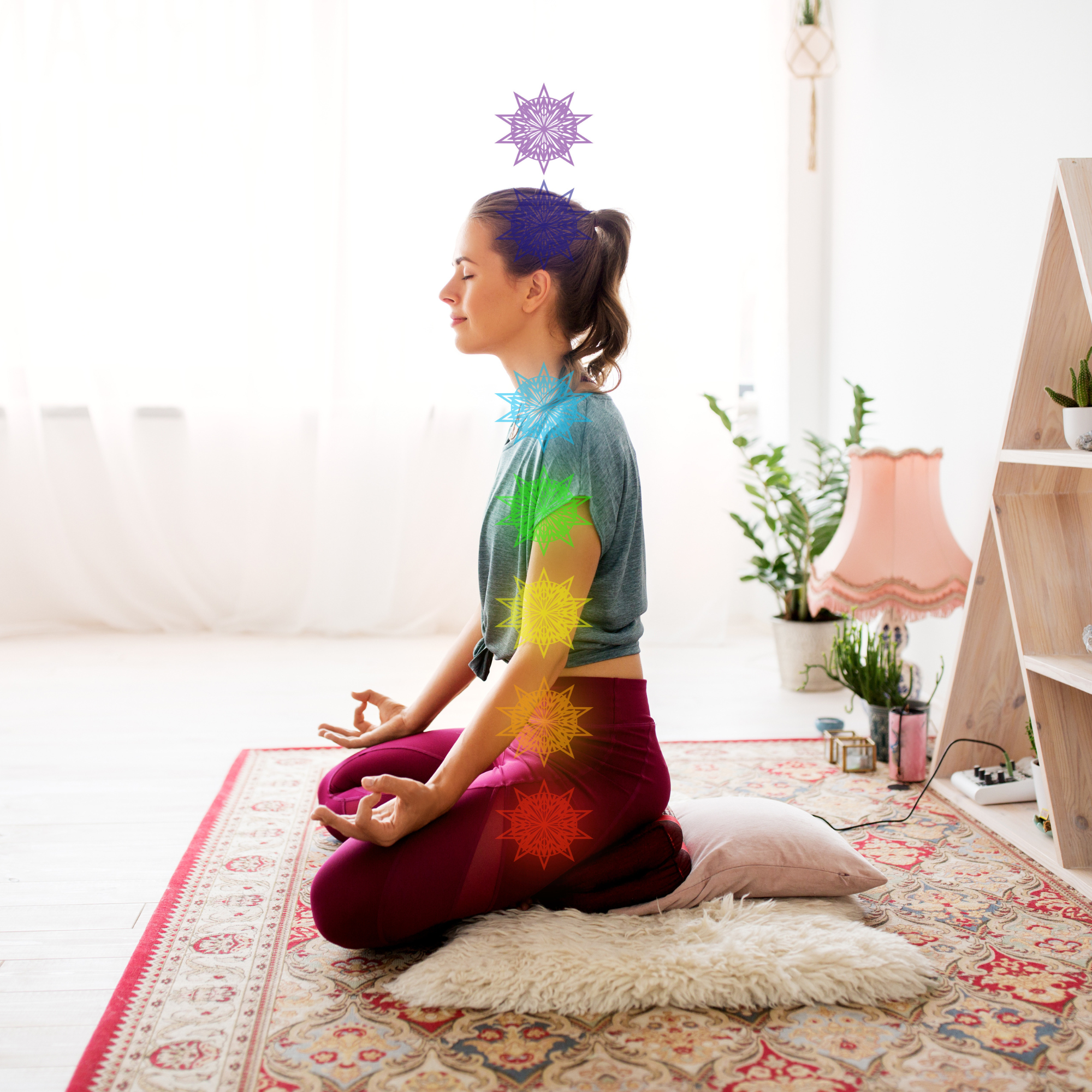 A women meditating with colorful chakra symbols over her body